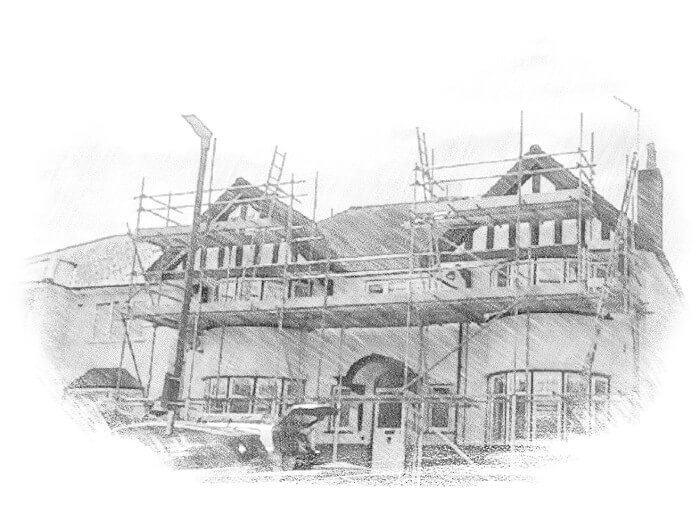 Black and white pencil sketch of a large house under renovation with scaffolding on the front. Several ladders are set up, and vehicles are parked in front of the house. The scene illustrates the process of exterior house painting and renovation.