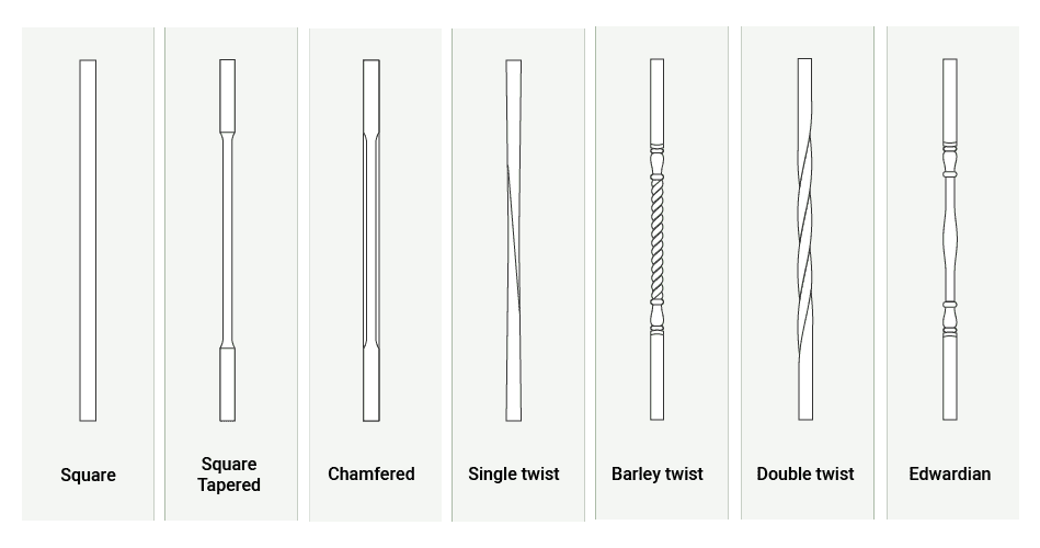 Image showing various styles of bannister spindles, including traditional square-shaped, turned designs with intricate details, and modern minimalist options with sleek lines, highlighting different materials and finishes suitable for home staircases.