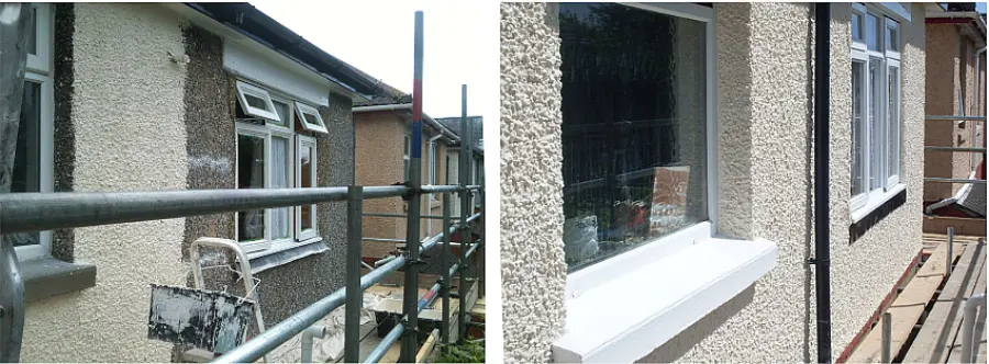 Exterior wall transformation: unpainted pebble-dash vs. freshly painted surface.